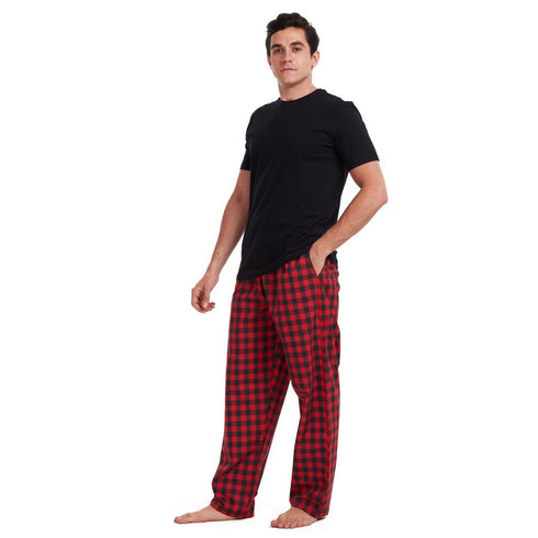 Men summer pajama set Black T-shirt +Red checkered pants